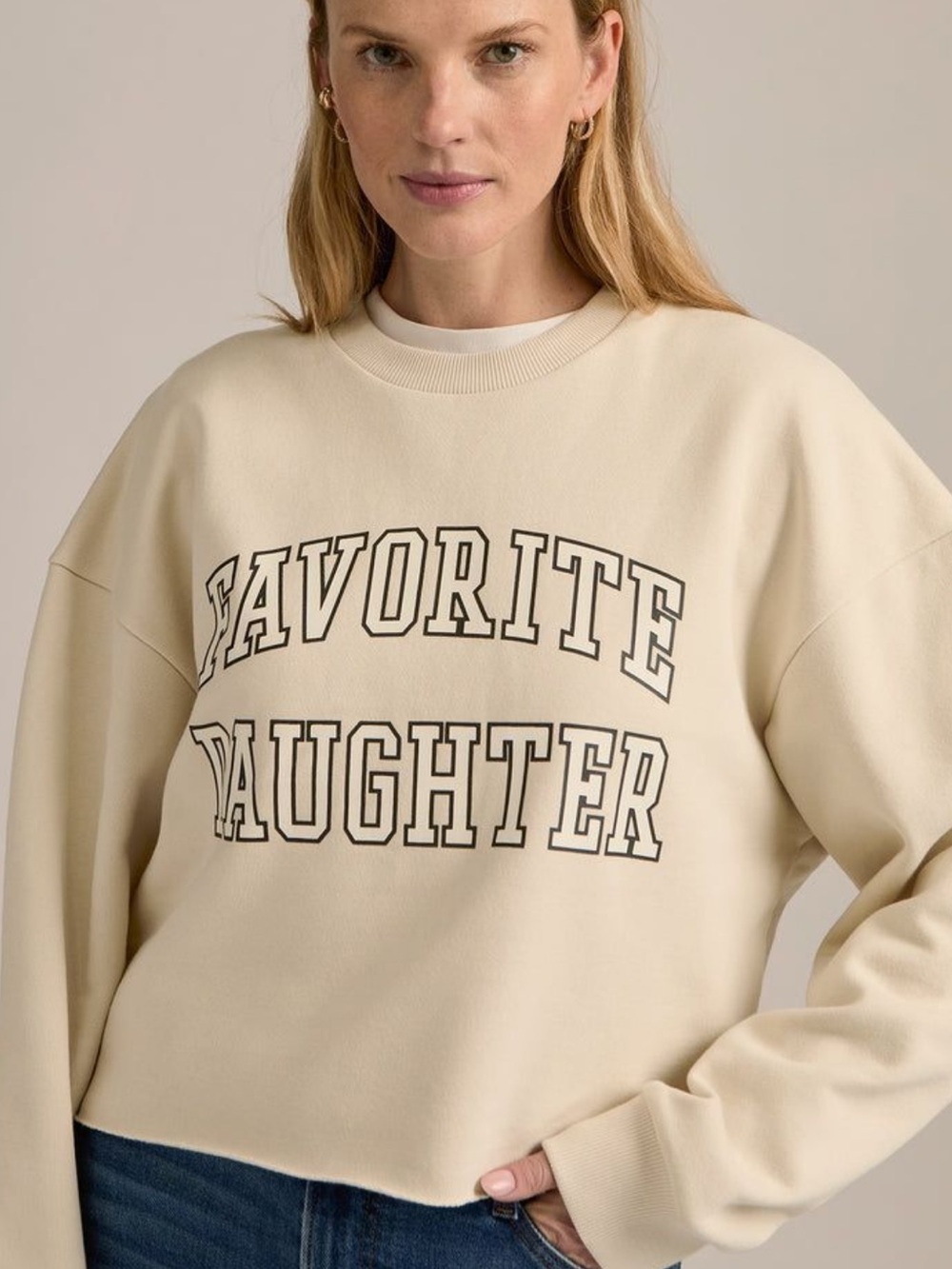 Favorite Daughter Cream Crewneck Sweatshirt with Black Lettering